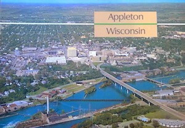 Postcard showing the Aerial view of the Oneida Street Bridge in Appleton, Wisconsin.