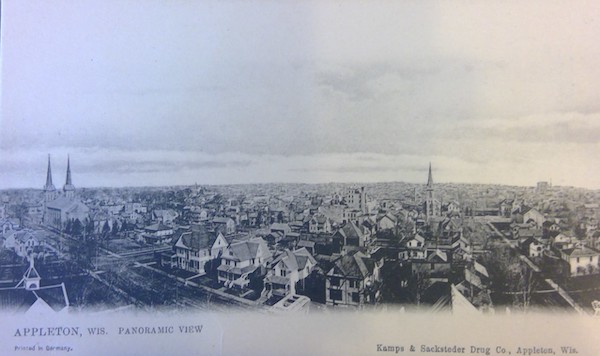 Postcard showing the Aerial view of the west downtown area from the courthouse in Appleton, Wisconsin.